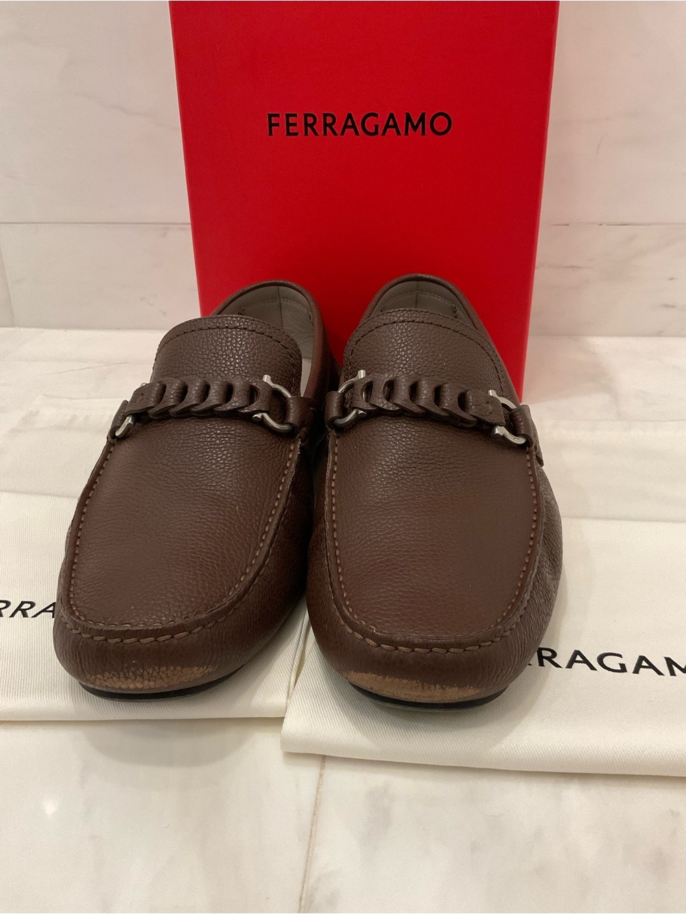 Salvatore Ferragamo STUART Pebbled Leather Loafers Chocolate Brown Size 10.5 EEE